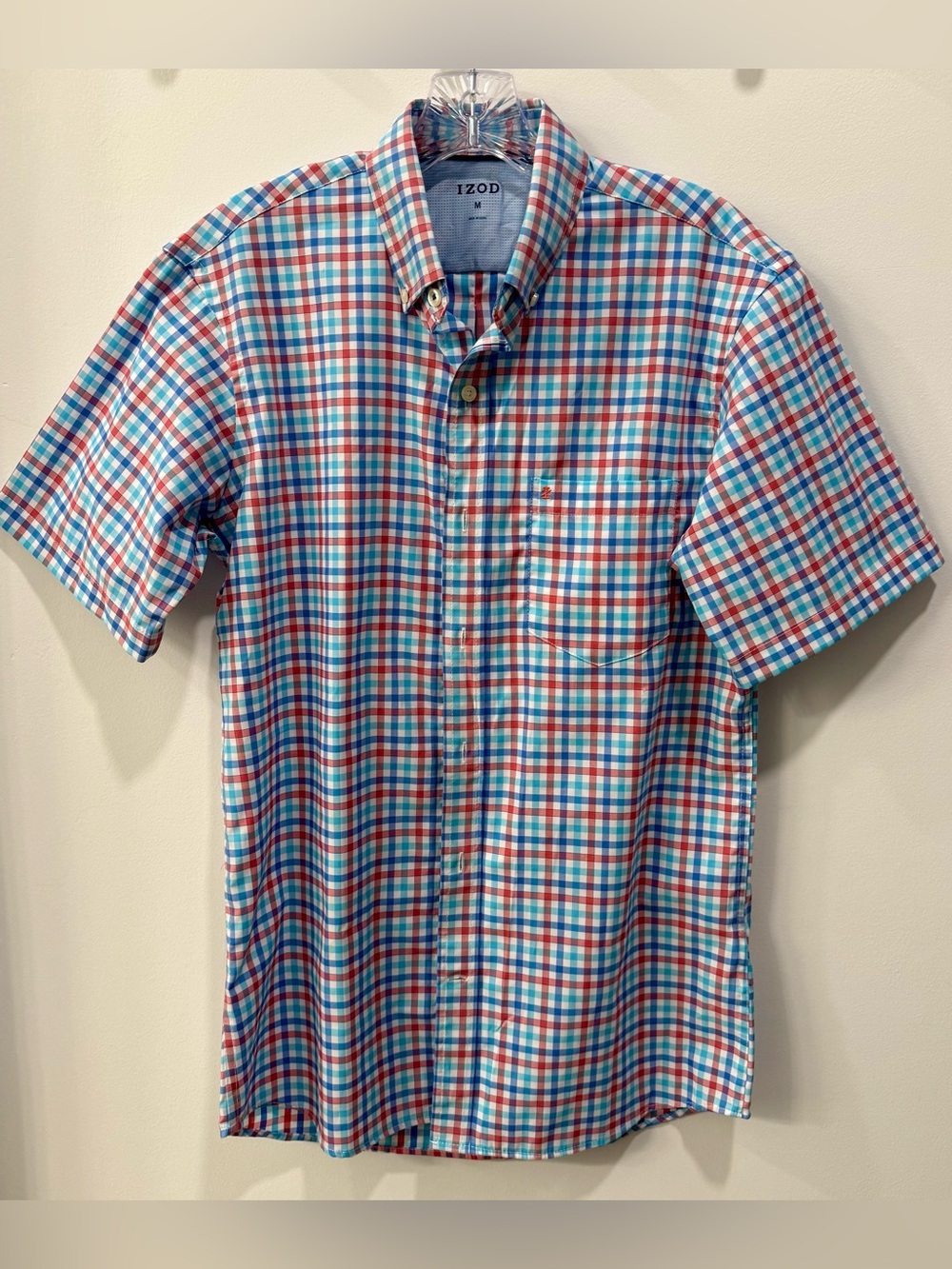 Izod Men's M Short Sleeve Plaid Button-Down Shirt - Blue, Red, White